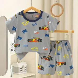 O Neck Cotton Children’s T shirt New Summer Breathable Comfortable Clothing Set Little Boys Printed Cartoon 2 piece