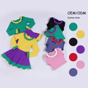 ODM OEM Custom Girls Party Dress Long Sleeve with Contrast Color Embroidery Hem and Cuffs Built in Shorts for Yoga