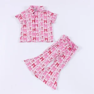 ODM OEM Custom Summer Bamboo Girls Short Sleeve Button Down Baby Pajamas Set Floral Bows Print Children Clothing Set