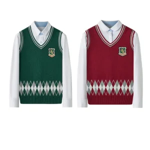 ODM OEM V neck Pull Over Knitted Students Vest School Uniform Sweater for Boys and Girls in Burgundy Forest Green Color