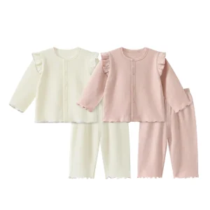OEM Baby Girls Ruffle Shoulder Cotton Sleepwear Set Soft Comfortable Kids Pajamas 2PCS Customizable Home Wear