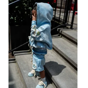 OEM Boys Street Retro Rhinestone Streetwear Jogging Set Children Acid Washed Sun Faded Hoodie Set Kids Long Sleeve Tracksuit Set