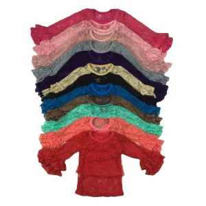 OEM Custom Factory Fashion Girls’ Long Blouse Coat Colorful O Shape Collar Lace Ruffle Sleeves