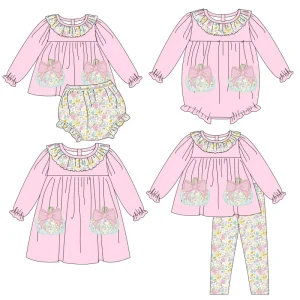 OEM Custom Infant Baby Girls Fall Winter Halloween Thanksgiving Pumpkin Embroidered Floral Applique Pink Clothing Set Outfit