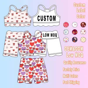 OEM Custom Kids Girls Shorts Set Scalloped Crop Top and High Waisted Shorts Colorful Hearts Children Clothing Outfits
