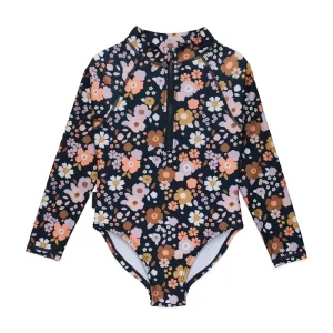 OEM Custom Long Sleeve Baby Swimwear Girls Floral Print Swimsuit One Piece Toddlers Zipper Bodysuit Kids Bathing Suit