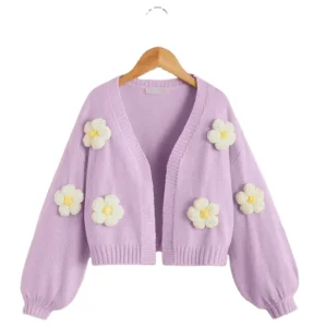 OEM Factory New Stylish Custom Flower Decoration Long Sleeve Knitting Sweater Cardigan for Girl