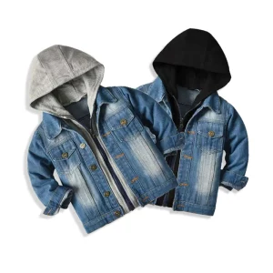OEM High Quality Long Sleeve Cotton Denim Jacket Kids Boy Fashion Double-layer Hooded Coat Kids Jackets