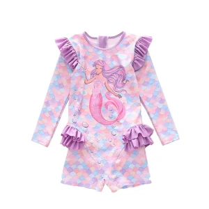 OEM Kids Sublimation Print Swimwear Summer Kids Swim Set Long Sleeve Children Solid Swimsuit