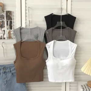 OEM LOGO Square Collar Tank Top with Women’s Chest Cushion Integrated Underwear Short Wide Shoulder Top