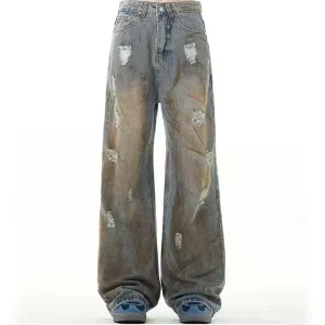 OEM Men’s High Waist Baggy Jeans Loose Stacked Straight Denim with Ripped Hip Hop Distress Breathable Washed for Summer Boys