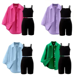 OEM ODM 1 16Y Latest Girls’ Suit Set Solid Color Top Shorts Long Sleeved Shirt Girls 3pcs Clothing Set Summer Clothes for Kids