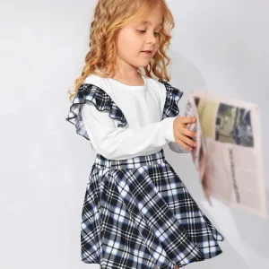 OEM ODM Custom Autumn Kids Girls Clothing Sets Long Sleeve Ribbed Ruffle Top Plaid Pleated Skirt 2 Piece Casual 100% Worsted