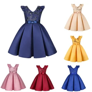 OEM ODM Custom Sequin Princess Dress Bow Fluffy Party Performance Fashion Sleeveless Round Neck Girls’ Dress Clothes for Kids
