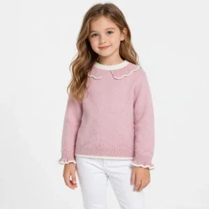 OEM ODM European American Popular Baby Kids Girls Sweater Lace Neck 100%cotton Knitted Baby Sweater