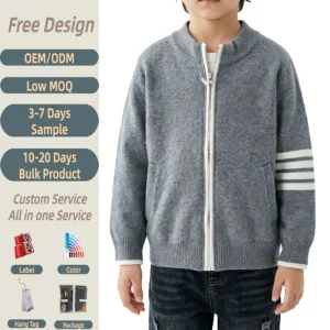 OEM ODM Fashion Boy’s Zipper Cardigan Top Solid Long Sleeve Breathable Sweater Coat for Boys Autumn Outerwear Knitted Clothing