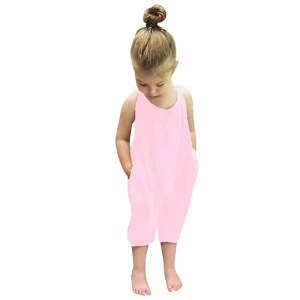 OEM ODM Girls Sling Sleepwear Custom Printed Backless Sleeveless Jumpsuits Long Pants Pockets Summer Cartoon Pattern