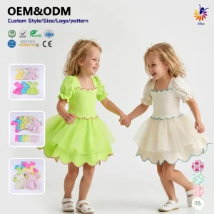 OEM ODM Puff Sleeve Girls Yoga Dress with Separate Shorts CPC Certified Scalloped Embroidery Kids Athletic Wear Low MOQ