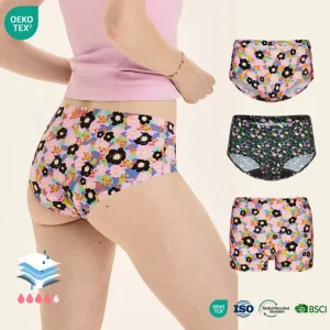 OEM ODM Teenager Girl 4 Layer Period Panties Seamless Underwear Print Pattern Summer Menstrual Brief Mid waist Light Menstrual
