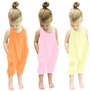OEM ODM Toddler Girls Summer Sling Romper Backless Sleeveless 5 Years Jumpsuits Pockets Eco Friendly Breathable Cotton