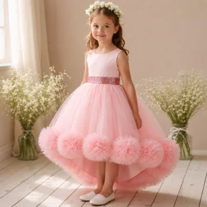 OEM Pink Elegant Princess Dress for Girls Summer Floral Knee Length Tulle Party Ball Gown Children Wedding Birthday