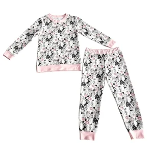 OEM Toddler Girls Pajama Set 2-10 Years Floral Print Pink Trim Long Sleeve Sleepwear Soft Cotton for Night Wear