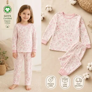 Oem High Quality Custom Print Kids Pajamas Girls Sleepwear Gots Certified Organic Cotton Girls Clothing Set