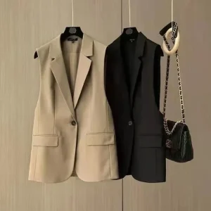 Office Suit Coat Vest Women’s Elegant Waistcoat Vest Korean Sleeveless Jacket Solid Color One Button Waistcoat