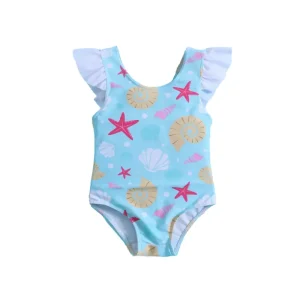 One Piece Girls’ Bathing Suit Print Ruffle Front Quick Dry Waterproof Swimwear for Toddler Child