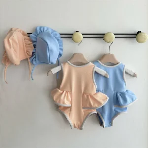 One Piece Summer Baby Girls Swimwear Toddler Custom Nylon & Spandex Short Sleeve Swimsuit With Hat Set UV Protection