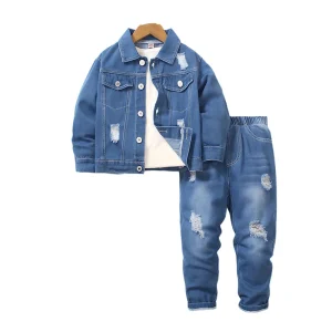 Open Door Casual Distressed Jeans Set Teen Boys Men Spring Autumn Long Sleeve Denim Elastic Waist Printed Children’s Clothes BCA