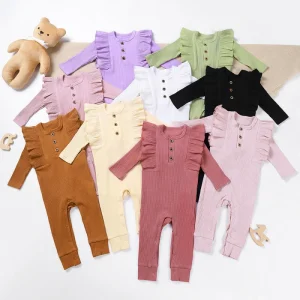 Organic Cotton Baby Rompers Ribbed Ruffle Shoulder Jumpsuit Bodysuit Rib Collar Long Sleeve Baby Girls Pajamas