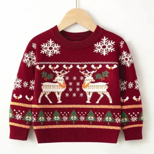 Organic Cotton Christmas Jacquard Oversized Red Baby Boy Girl Knit Sweaters New Year Toddler Sweatshirt Winter Clothes