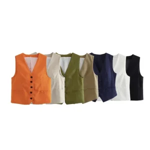 PB&ZA Women Autumn New Fashion Flax Blend for Leisure Vest Coat Vintage Sleeveless Pockets Female Waistcoat Chic Tops