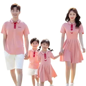 Parent child Children’s Breathable Casual Summer Outfit Set Polo Shirt Dress Family Three Four Short sleeved T shirt Suit Mother