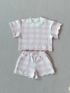 Pastel Gingham Scalloped Sets Scalloped Edge Girls Shorts Set Children Clothing