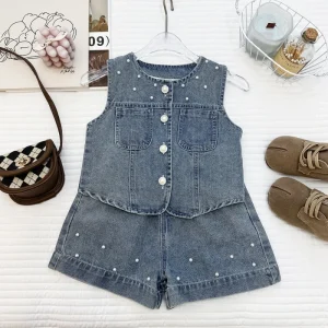 Pearl Decorated Sleeveless Denim Vest and Shorts Kids Girl Summer Two Piece Casual Outfit