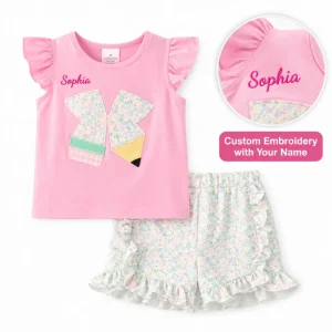 Personalized Casual Back School Outfit for Girls Custom Name Soft Spandex Cotton Patchwork Pink Bow Shirt Floral Ruffle Shorts