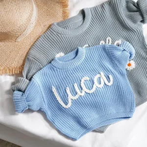 Personalized Custom Fashion Design Winter Kids Pink Hand Embroidery Knitted Baby Girl Cute Child Sweater with Logo