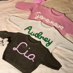 Personalized Kids Knit Sweater Custom Text Embroidered Pullover Toddler Holiday Christmas Sweater for Girls