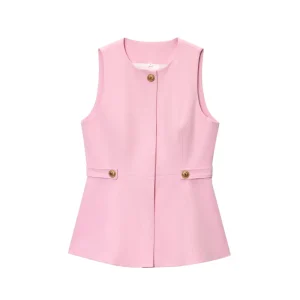Pink Color Crew Neck Button up Casual Fashion Vest Waistcoat for Women