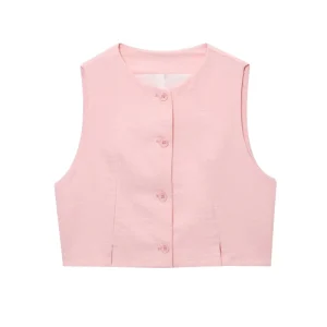 Pink Color Crew Neck Single Breasted Casual Fashion Crop Vest Waistcoat for Women