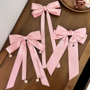 Pink Crystal Handmade Bow Star Pearl Chain Hairpin for Kids High end Sweet Gift Hair Accessories