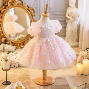 Pink Dress Sequin Layers Girl Wedding Knee Length Pageant Dress for Party