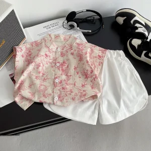 Pink Floral Stand Collar Short Sleeve Shirts Set Toddler Boys Girls Summer Korean Style Outfits Kids Baby Blouse Two Piece Suit