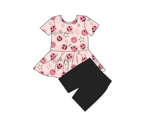 Pink Halloween for Girl Party Bamboo Spandex Peplum Set Short Sleeves Dress Set with Solid Shorts