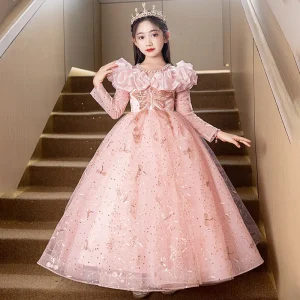 Pink Long Sleeve Beaded Princess Evening Flower Girl Dress Children’s Youth Clothing