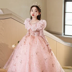 Pink Long Sleeve Beaded Princess Evening Flower Girl Dress Children’s Youth Clothing Spring Wedding