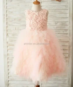 Pink Rosette Lace Tulle V Back Wedding Flower Girl Dress Kids Party Dress Princess Birthday Dress
