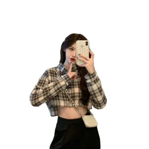 Plaid Shirts for Women Spring Korean Street Long Sleeve Top and Shirt for Women and Girls